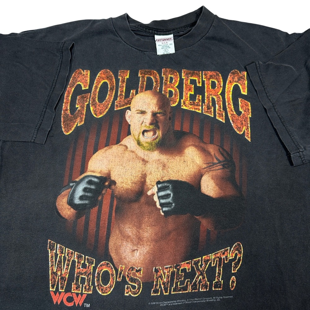 Vintage 1998 WCW Goldberg Whos Next T Shirt Mens Large Black Wrestling Tee USA